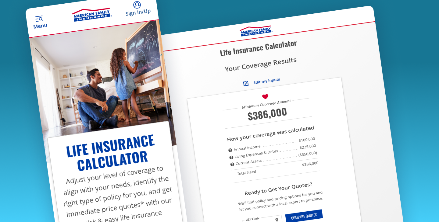 American Family Insurance life insurance calculator with a mobile start screen and a desktop coverage results page.