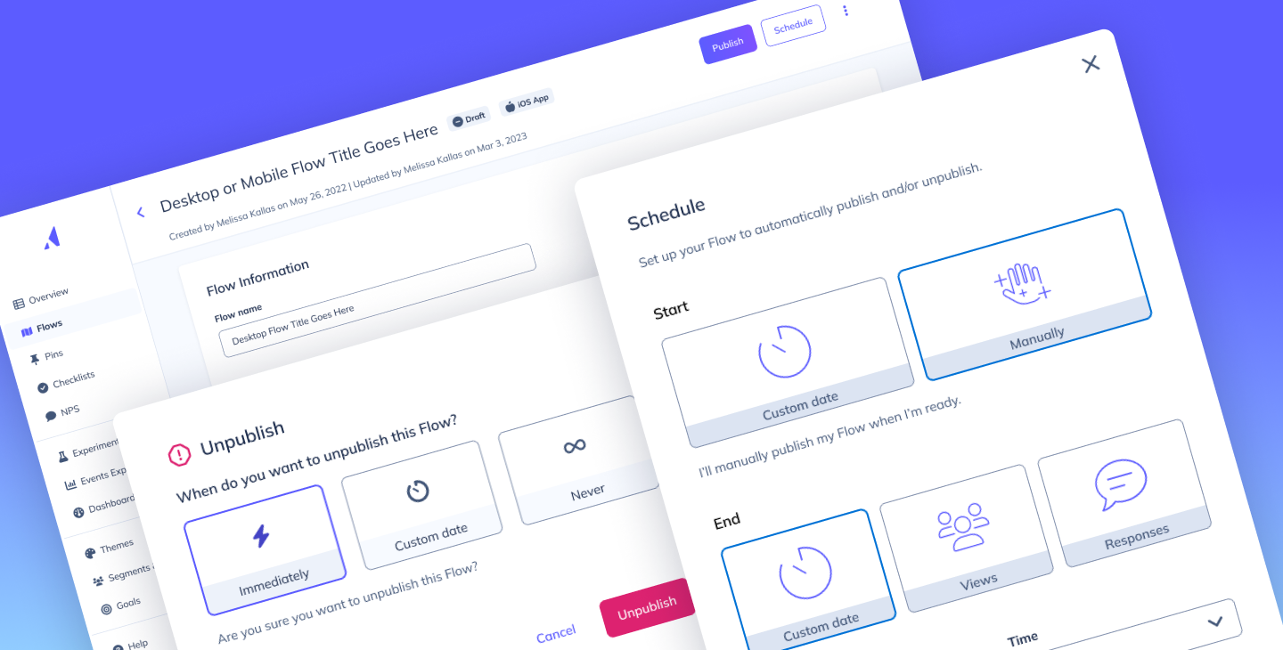 Schedule modal with start and end options and an unpublish dialog over the flow editor's Publish and Schedule buttons.