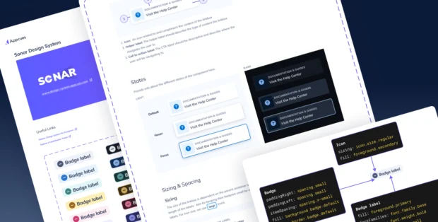 Sonar design system documentation showing badge specs, linkbox states, and sizing guidance.