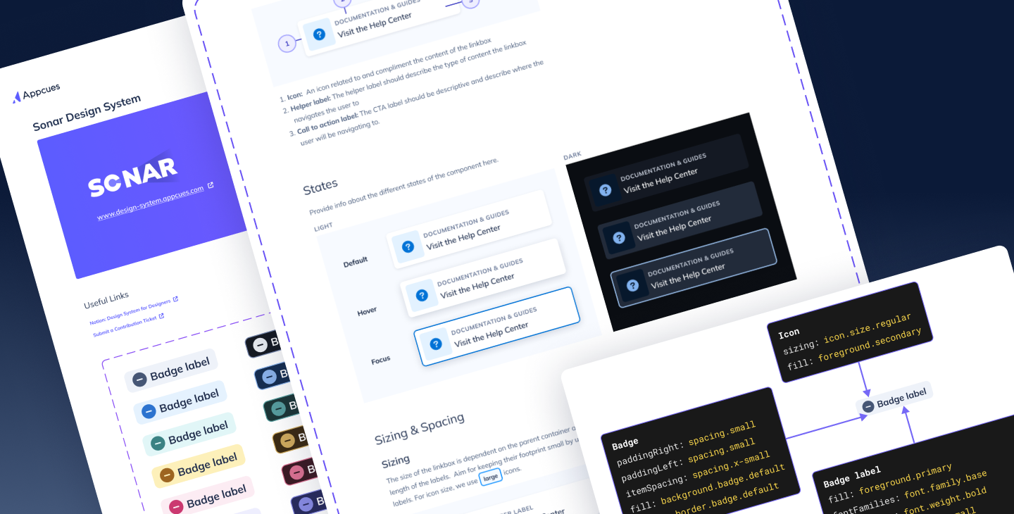 Sonar design system documentation showing badge specs, linkbox states, and sizing guidance.