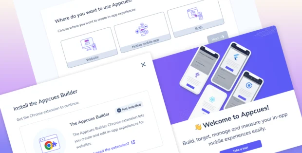 Trial onboarding screens for choosing web or mobile, installing the Chrome extension, and a mobile welcome message.