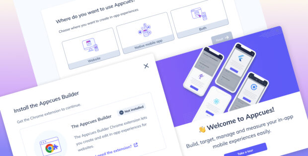 Composite of Appcues trial activation redesign showing product selection, builder extension install step, and onboarding welcome experience across web and mobile.