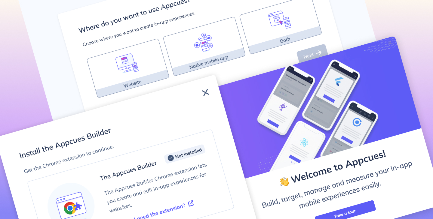 Composite of Appcues trial activation redesign showing product selection, builder extension install step, and onboarding welcome experience across web and mobile.