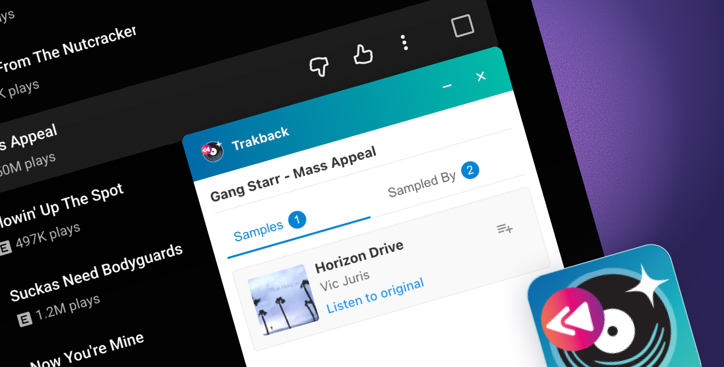 Google Chrome extension that finds sample info while you listen to YouTube Music.