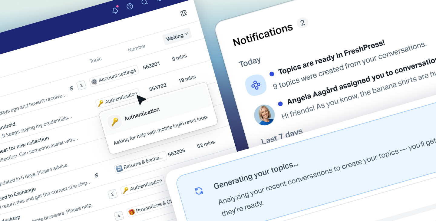 Customer support inbox with a topics column and a notification that AI-generated topics are ready.
